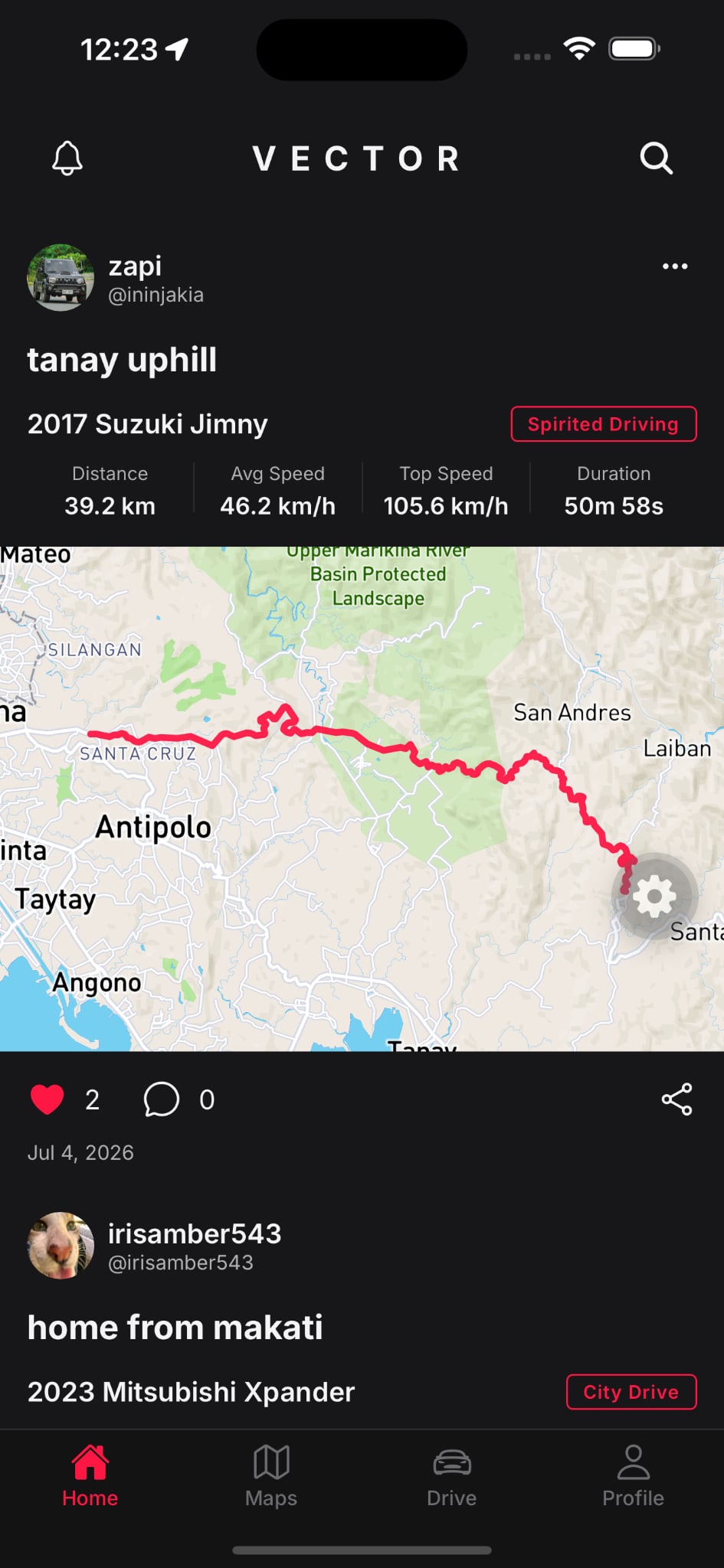 Vector home feed showing a shared route and drive stats
