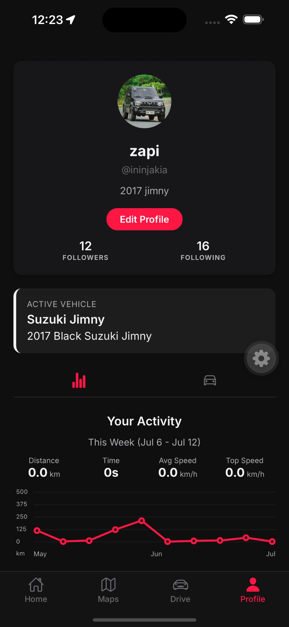 Vector profile screen showing activity and vehicle stats